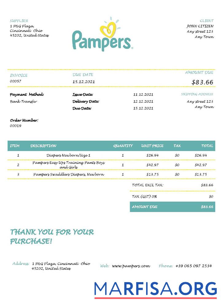 Printable USA Pampers invoice real example